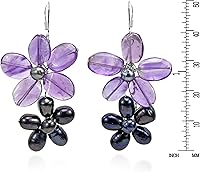 Vista 3 de Pendientes colgantes de plata de ley 925 con amatista simulada y perla negra cultivada de agua dulce, Vidrio