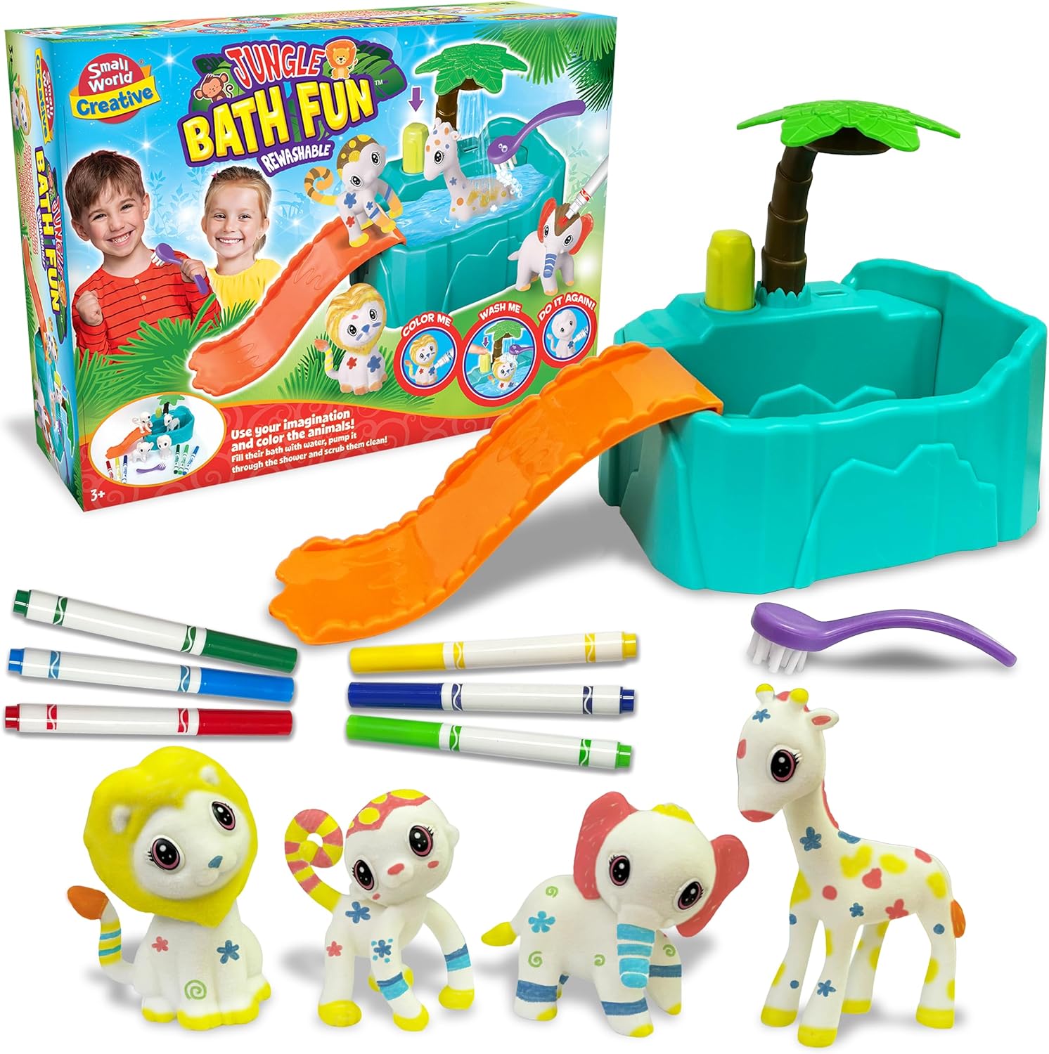 Small World Creative Jungle Bath Fun – Kids Pet Washable Recolor Bath Toy Set – Color, Wash & Play Jungle Animals Bath Time Toy – Creative DIY Toddler Arts & Crafts, Gifts for Girls & Boys, Ages 3+