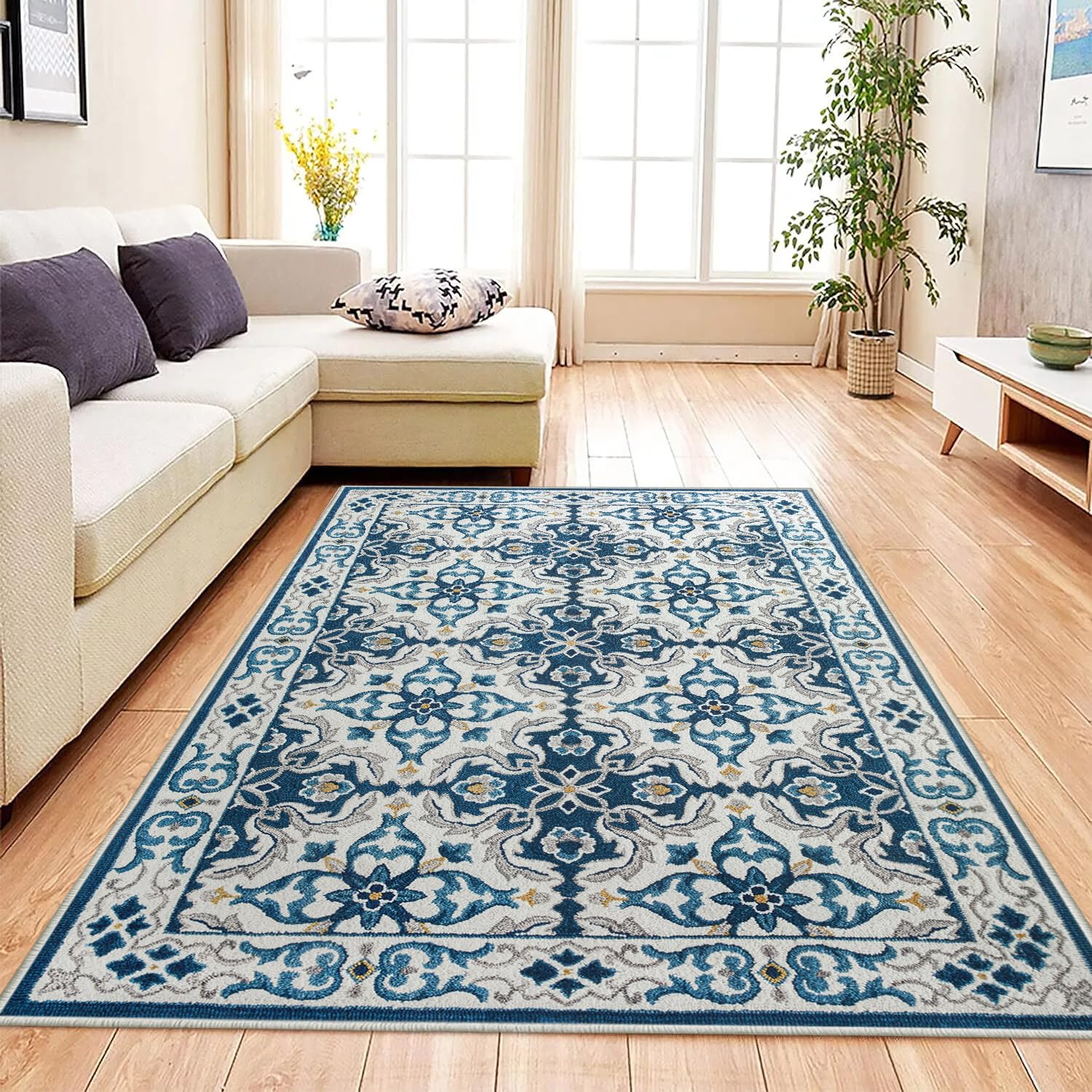 Aspire Homeware Rugs for Living room Bedroom Entryway Doormat 60x110 cm – Easy to Clean Soft Bedside Rug – Crawling kids Playmat Anti-Slip Backing Short Pile Light Blue Rugs (Luna)