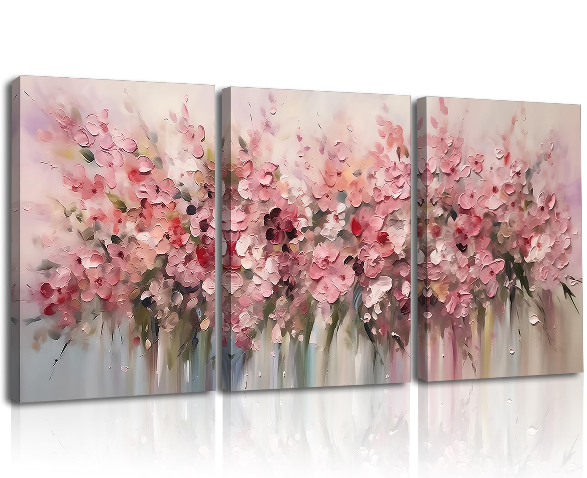 Piy Painting 3 Stück Groß Natur Bilder Wohnzimmer Modern, Rosa Blumenmuster Wandbilder Mit Rahmen,Wandkunst Leinwand Malerei, Leinwanddrucke Für Schlafzimmer Büro Kirche Wanddeko 57X40 cm