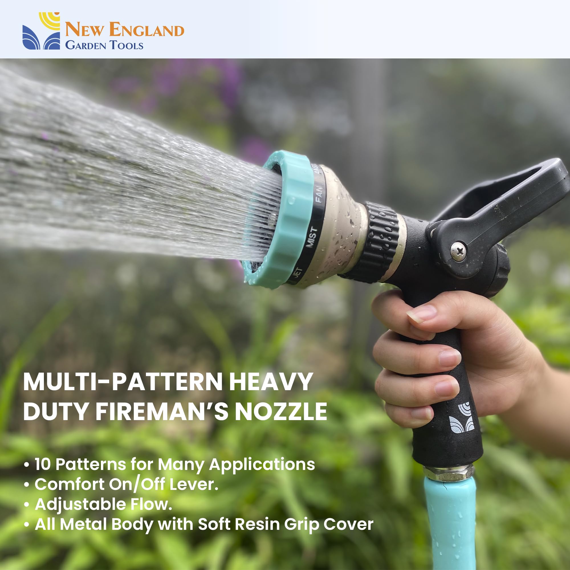 Boquilla de manguera de bombero de metal resistente con 10 patrones 500003 con control de palanca y agarre cómodo por New England Garden Tools para limpieza, riego de plantas y patios, lavado de