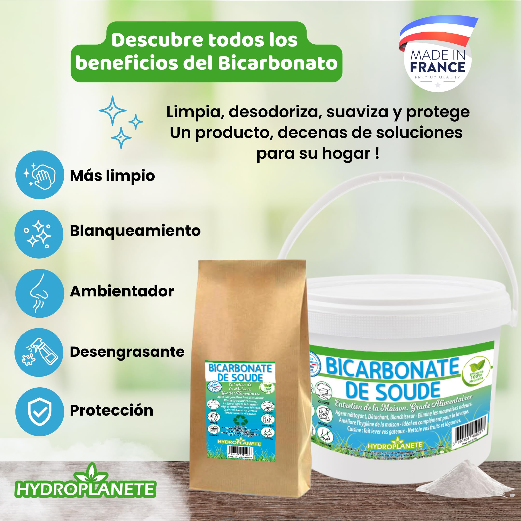 Bicarbonato Sódico Multiusos - Polvo para la Alimentación y el Hogar - Sin Aditivos y 100% Natural - Fabricado en Francia - Disponible de 1kg a 20kg - Hydroplanete