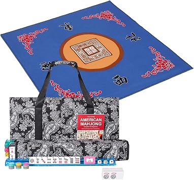 American Mahjong Game Set, 166 Quality White Tiles, 4 All-in-One Color Rack/Pushers, Complete Mahongg Tile Set Black Printed Carrying Bag,Mahjong Mat with 3 Dice Blue, 31.5 inches