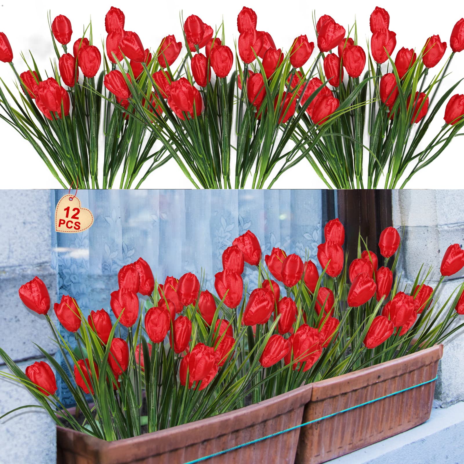 Artificial Tulips 12pcs Outdoor Fake Tulips Flowers Real Feel Flowers Greenery Plants for Home Windowbox Porch Garden Farmhouse Barn Deocr(Red)