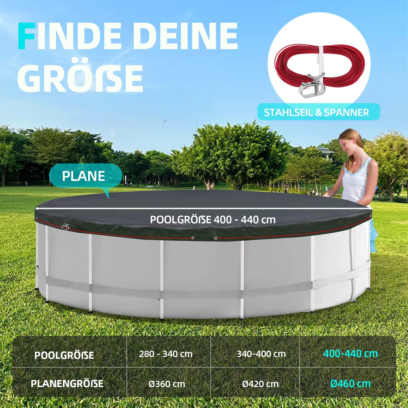 Poolabdeckung Rund für 400-440 cm Pools, Planenmaß Ø 460 cm, Schwarz, Sommer & Winter Poolplane, 100g/m² PE Zweifach Beschichtete Abdeckung mit Kordelzug, Abdeckplane Pool mit UV-Schutz