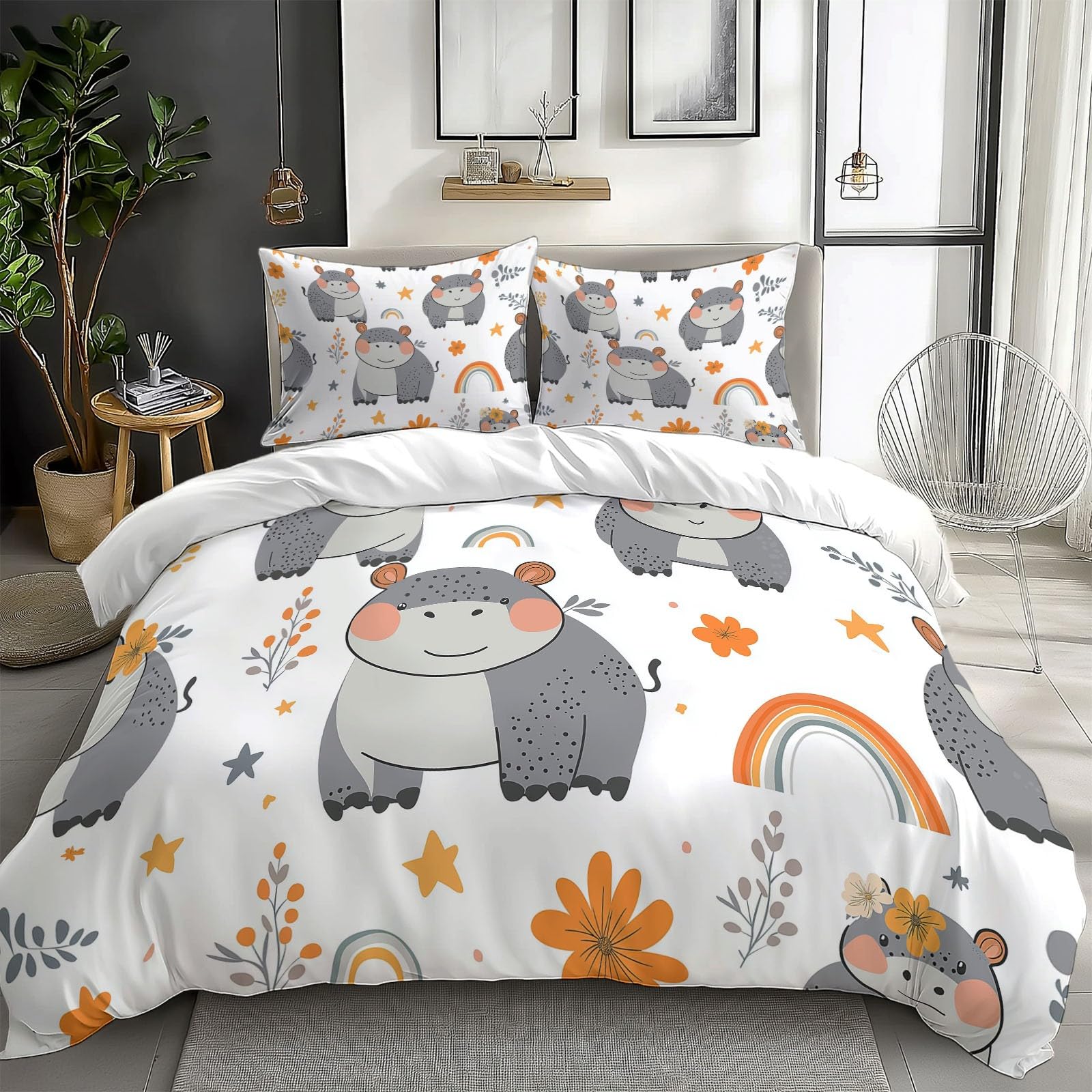 Duvet Cover King Size Cartoon Hippopotamus Flowers Reversible 3 Pieces Duvet Cover Set, Bedding Set for All Season, Soft and Breathable Bedding Set with Zipper Closure
