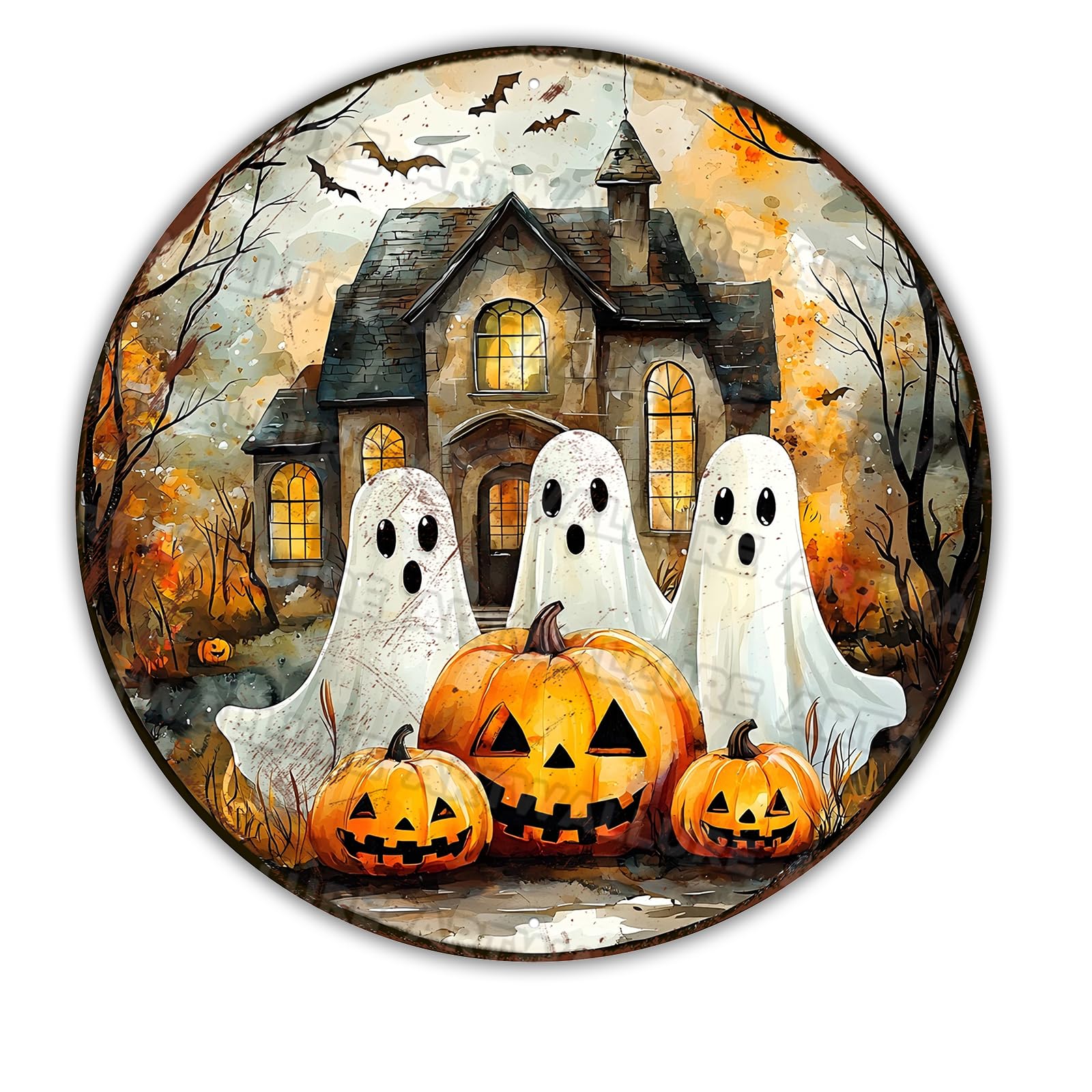 Round Halloween Ghost Pumpkin Vintage Sign Halloween Metal Tin Sign for Home Bar Kitchen Hotel Dining Room Coffee 12x12inch