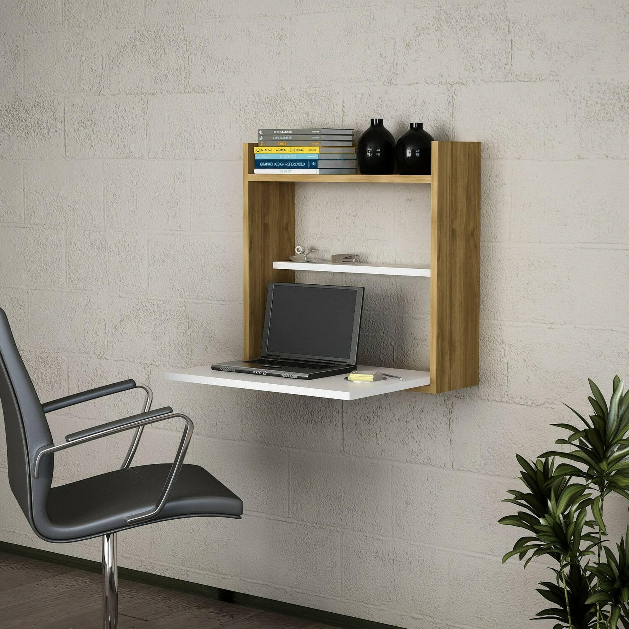 Dmora Bureau Pola, Bureau Polyvalent, Table pour Bureau, Porte PC, Plan de Travail, 60 x 20 h 60 cm, Blanc et Noyer
