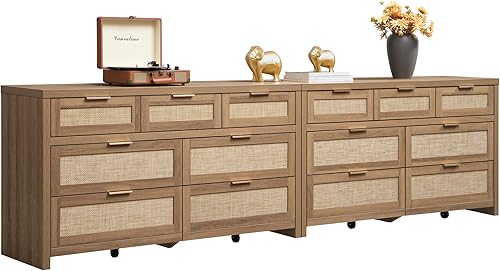 Miniatura 13 de SICOTAS Cómoda de 7 cajones para dormitorio, cómodas de ratán de 57" de ancho, cómoda grande con cajones para dormitorio, cómoda soporte para TV