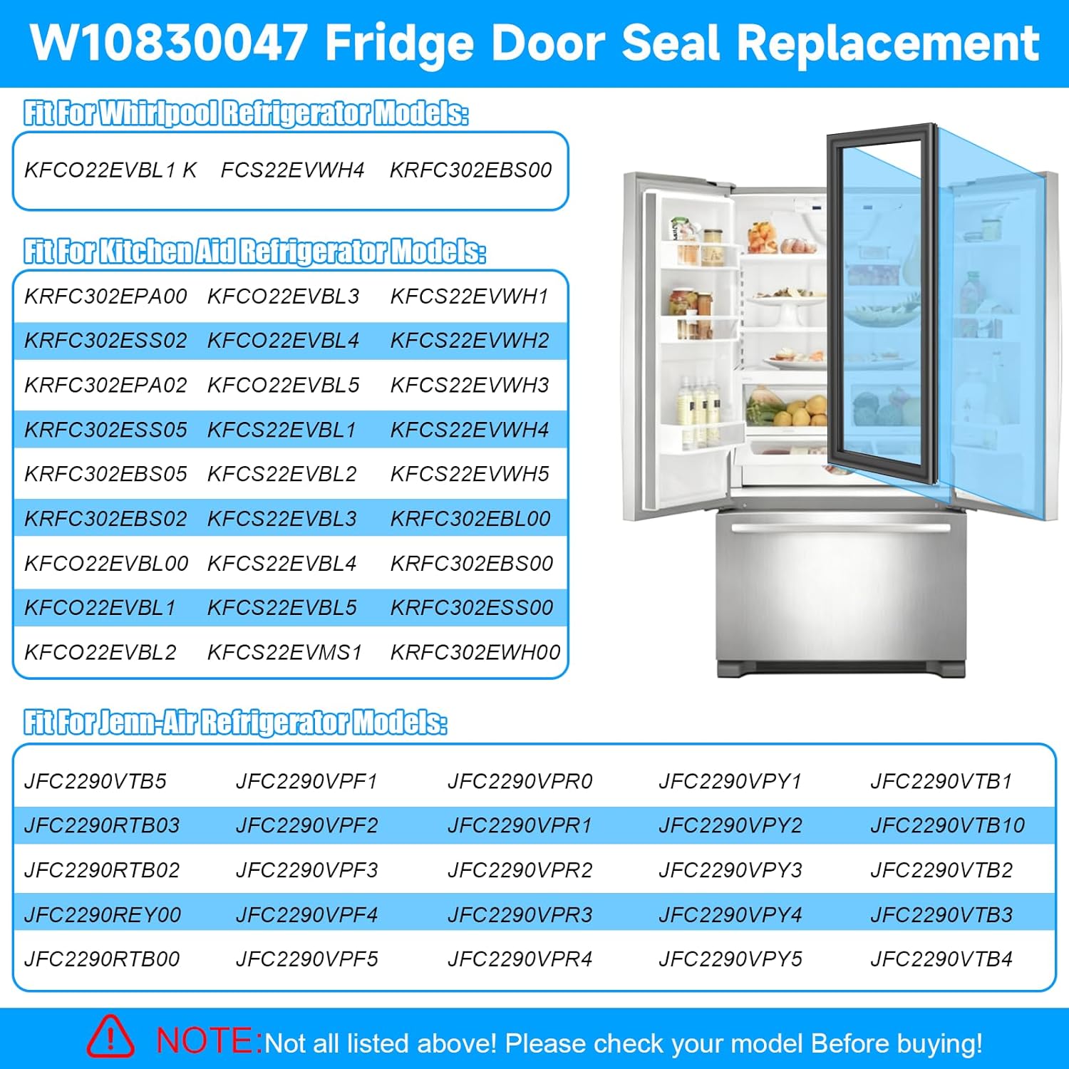 Upgraded W10830047 Refrigerator Door Gasket Compatible with Whirlpool Jenn Air KitchenAid Fridge Door seal KRFC302ESS00 KRFC302ESS02 Door Gasket W10435971 W10163998 French Refrigerator Door Seal Black