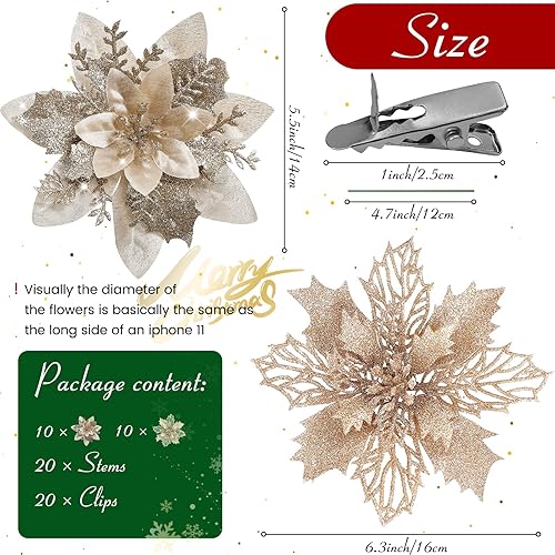 Miniatura 6 de Serwalin 20 flores de árbol de Navidad, flor de pascua champán de 5.56.3 pulgadas, flores artificiales para árbol de Navidad, decoración de