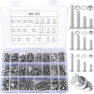 Hex Bolts and Nuts and Washers Assortment Kit, 496 Pcs Metric Hex Head Nuts and Bolts Kit, Stainless Steel Machine Screws Bolts Nuts Flat & Spring Lock Washers Set - M4 M5 M6