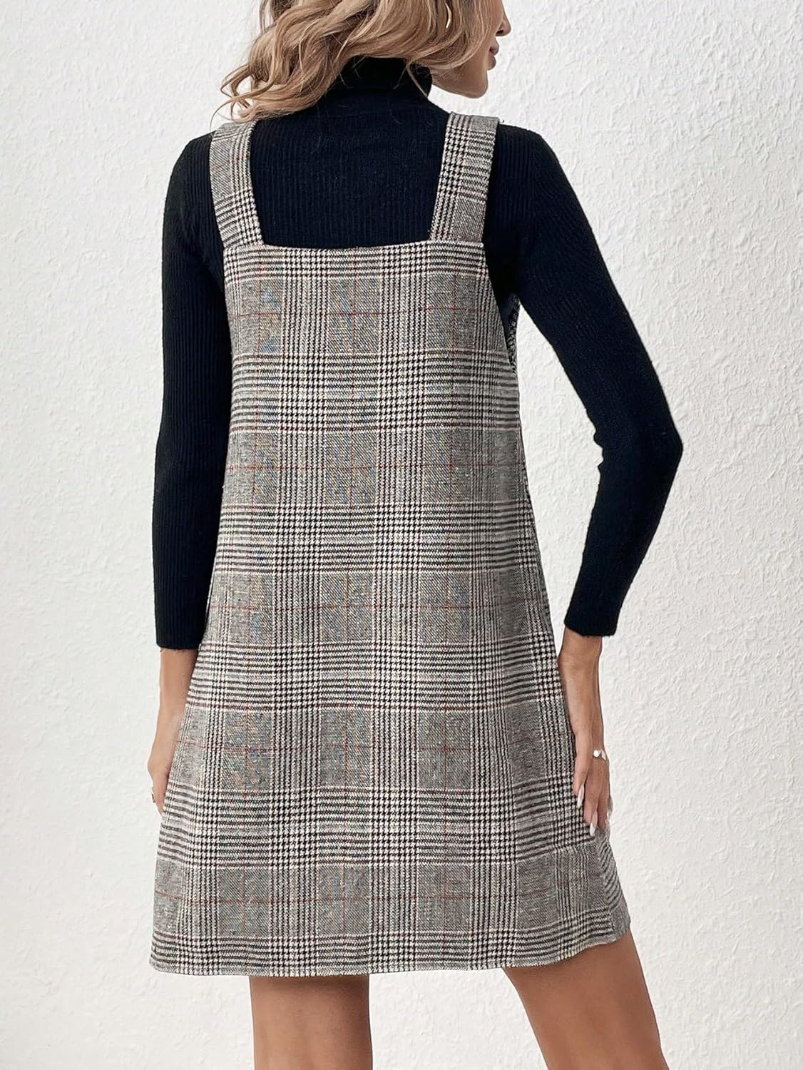 SOLY HUX Women's Elegant Plaid Overall Jumper Dress V Neck Sleeveless Pinafore Short Dress - Image 2
