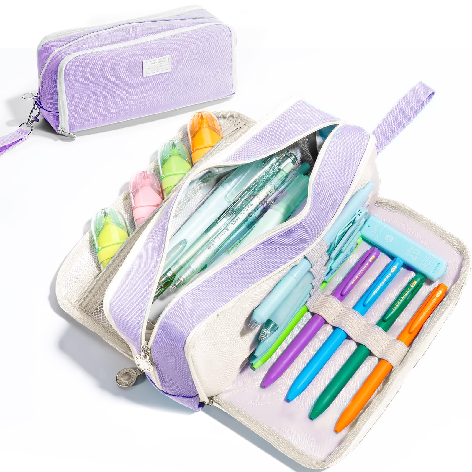 Four Candies Pencil Case 3 Compartment, Large Pencil Case with Removable Handle & Zipper, Cute Stationery Organizer for Markers, Makeup Bag, Cute Pencil Bag for Office College, Puple