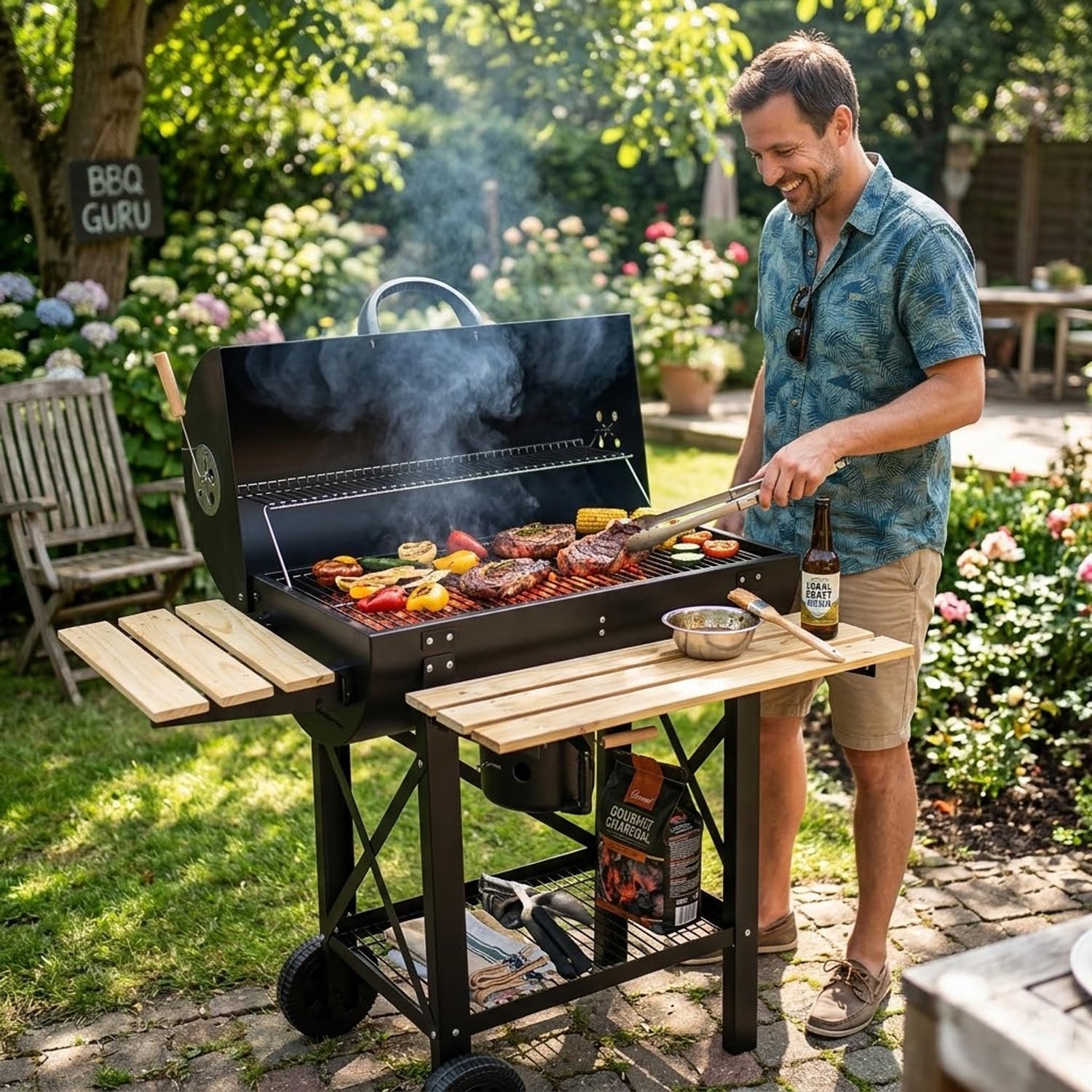 Barbecue A Carbone Con Coperchio E Ripiani Laterali BBQ Grill Da Giardino Con Griglia Rialzata Scaldavivande Struttura In Acciaio Ruote E Cassetto Raccogli Cenere 110 x 70.5 x 101.5 Cm Nero