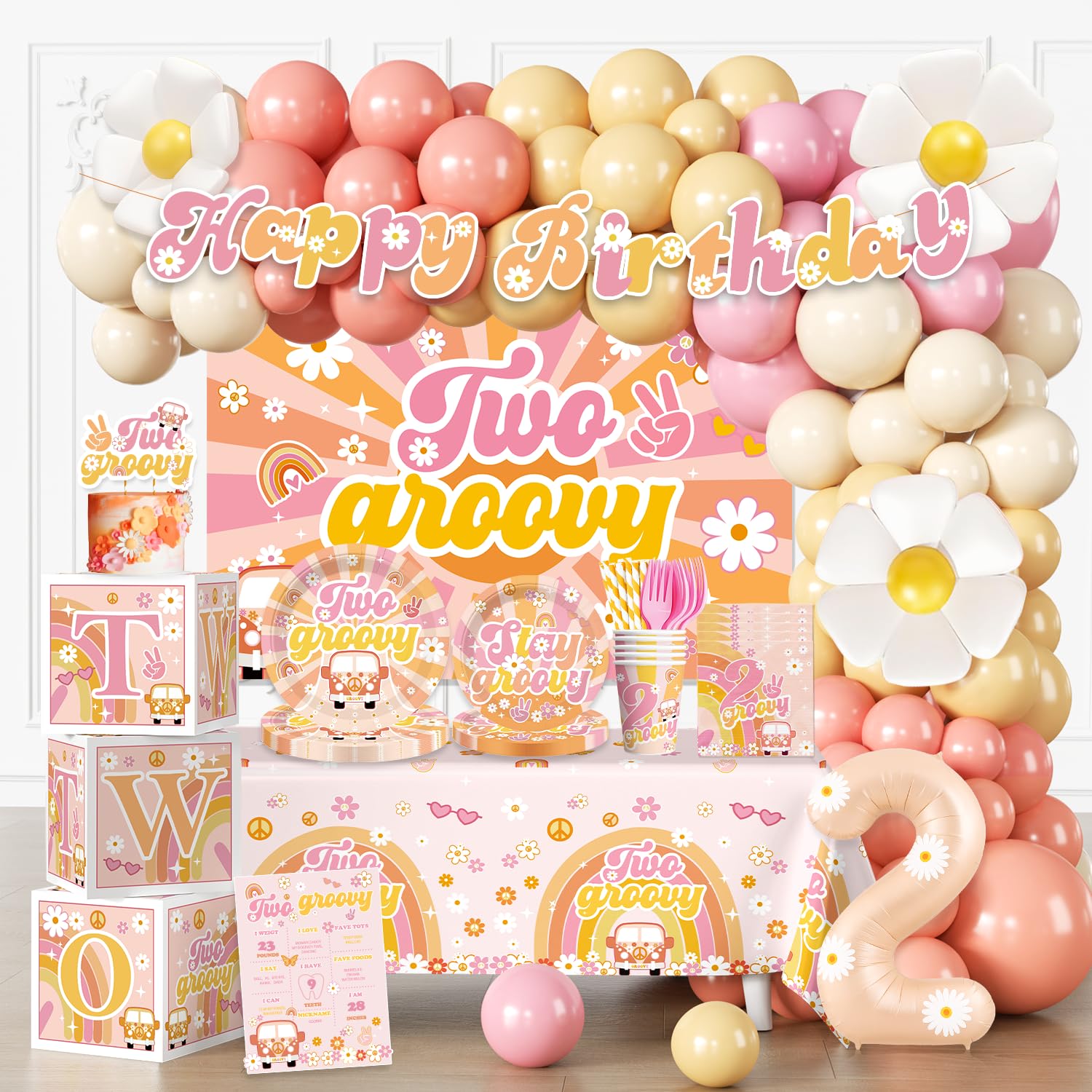 Cocomigo 237pcs Two Groovy Birthday Decorations, One-stop Balloon Arch Tableware Set Includes 40 Thickened Plates 1 Backdrop 2 Tablecloths and 107