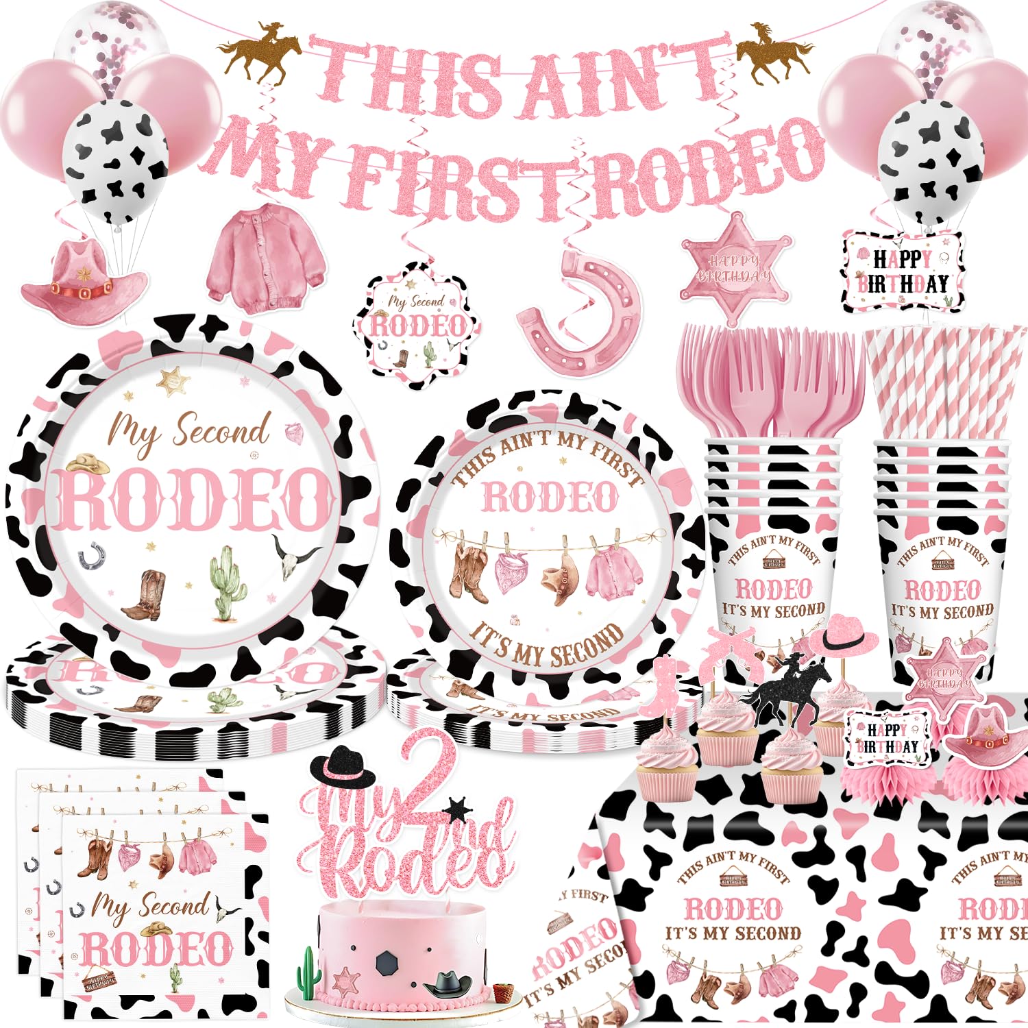 213Pcs 2nd Rodeo Birthday Decorations Girl Serves 25 Guests, This Ain't My First Rodeo It's My Second Decorations Including Balloons, Banner, Plates,