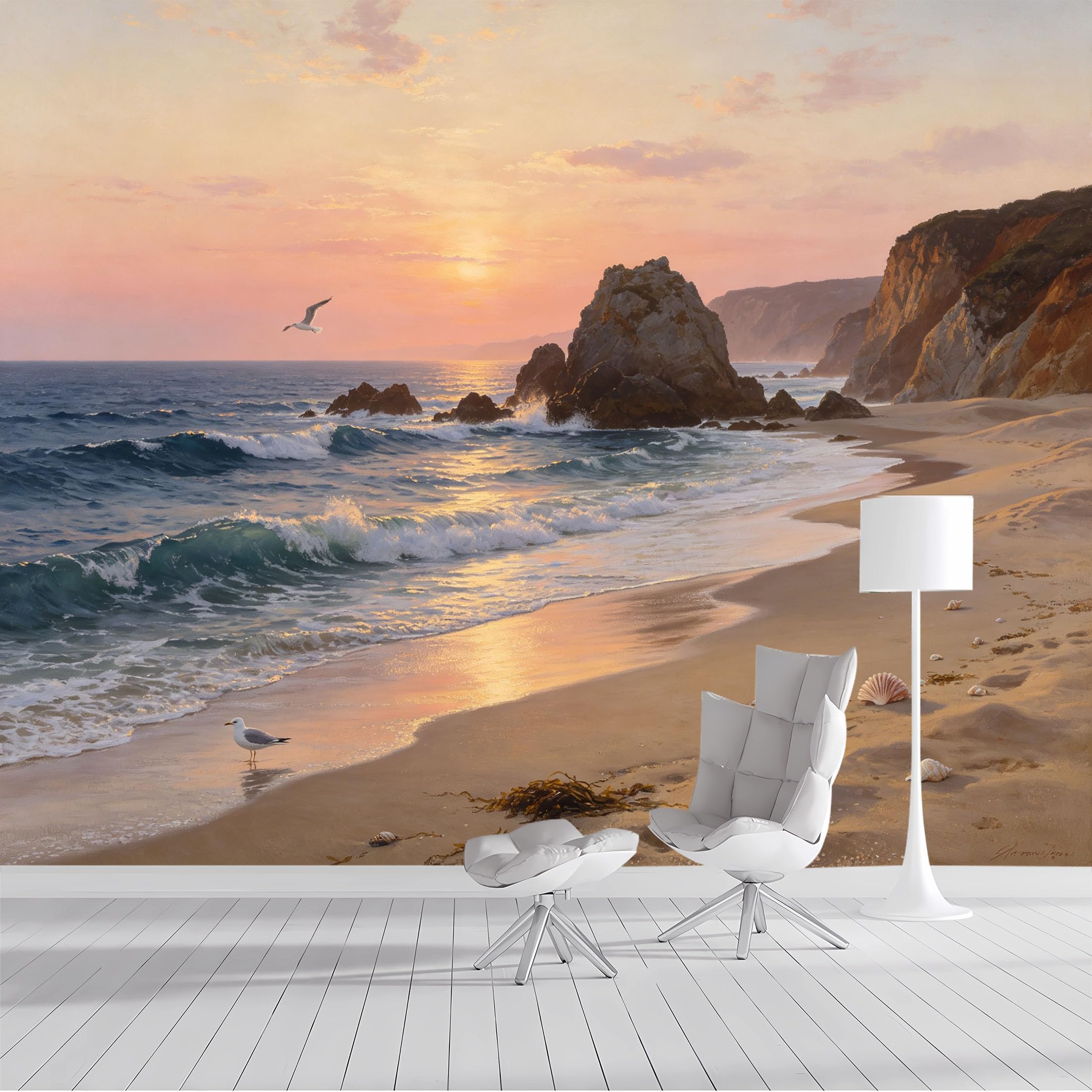 Custom Size Wall Mural Sunset Seascape Seagull Oil Painting SelfAdhesive Wall Fabric Removable Peel and Stick Wallpaper Wall Decor for Living Room Bedroom Bathroom