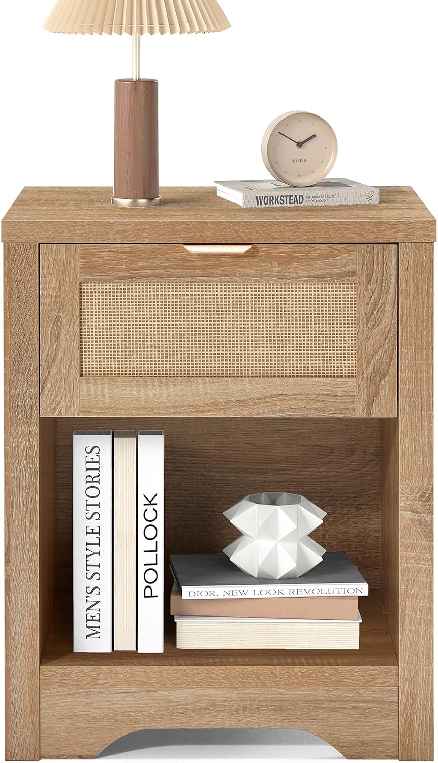 HOMREST Rattan Nightstand, Farmhouse Bedside Table with Drawer & Open Storage Shelf, Boho Night Stand with Metal Handle & Sturdy Frame for Bedroom, Living Room （ Light Brown）