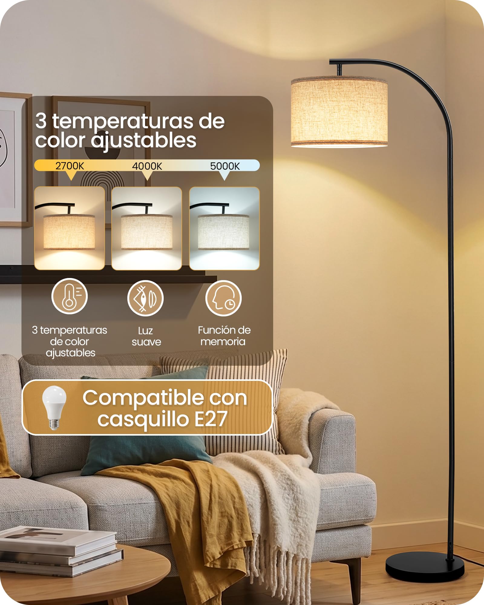 Lámpara de Pie para Salón, Negro y Beige