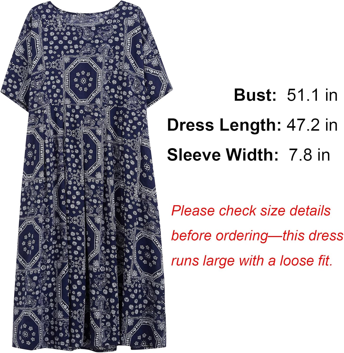 Women Plus Size Dresses Summer Vintage Print O Neck Oversized Boho Vacation Casual Robe with Side Pockets - Image 5