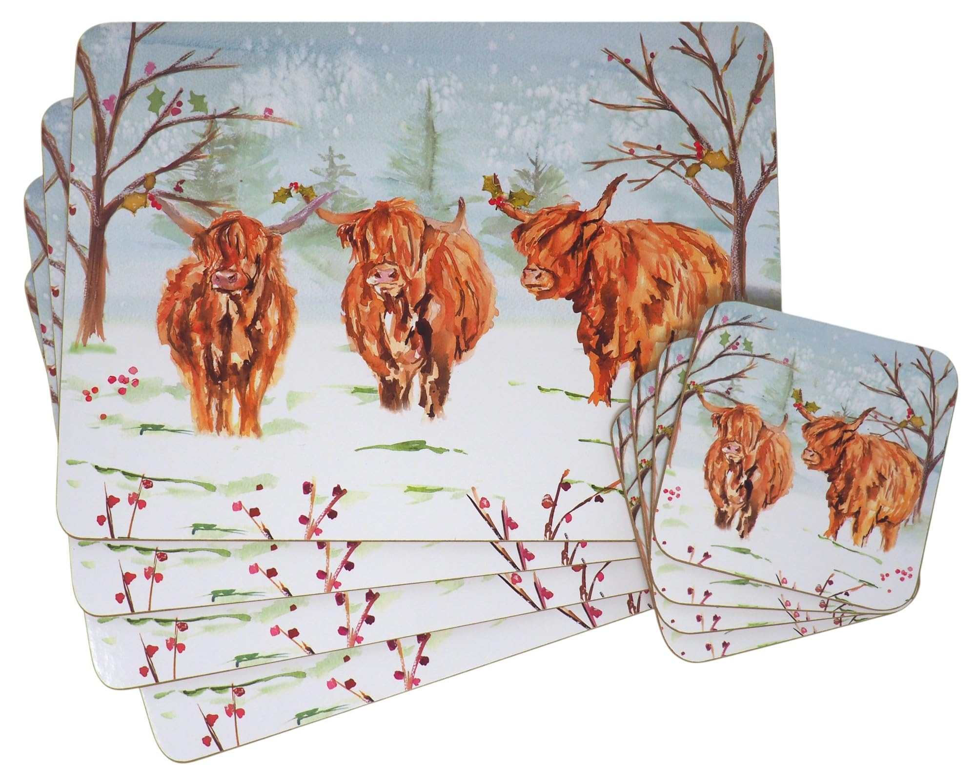 Highland Cow Christmas Dinner Matching Placemats & Coasters - Set of 4