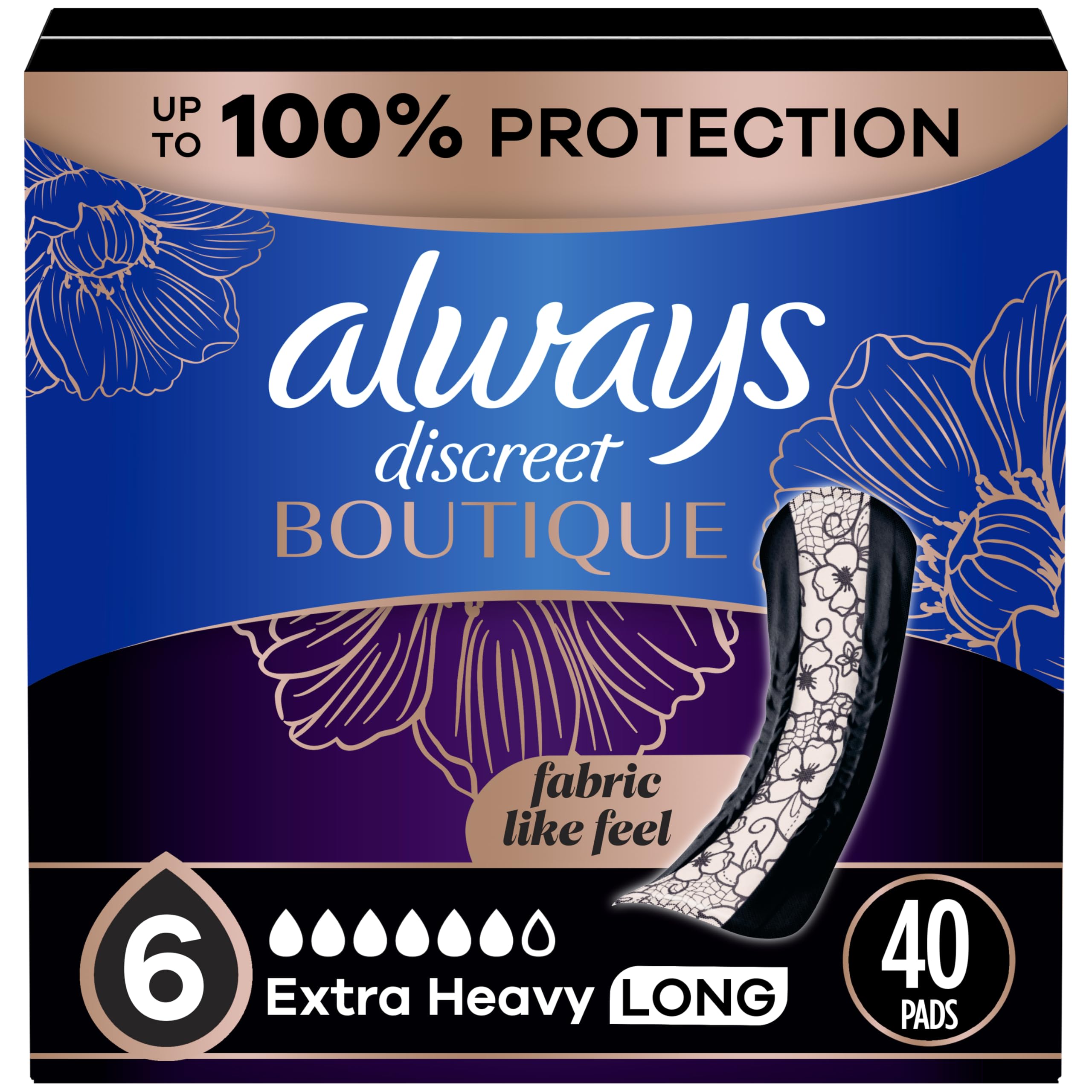 Boutique Incontinence Pads, for Bladder Leaks, Extra Heavy Absorbency, Long Length, 40 Count (2 Packs of 20)