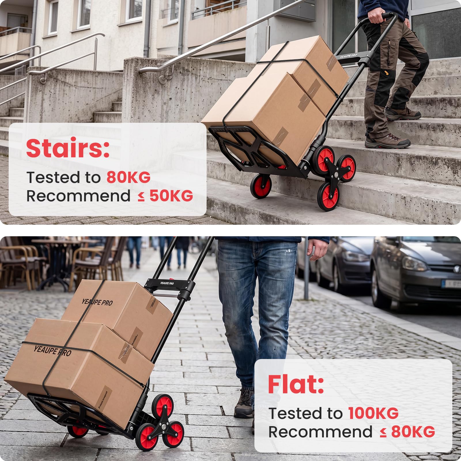 YEAUPE PRO Faltbare Treppensackkarre Höhenverstellbar 50 kg Schwarz | TPR-Rollen, 2 elastische Spanngurte und verstellbarer Griff für Treppen, Umzug, Garten und Transport von Gegenständen