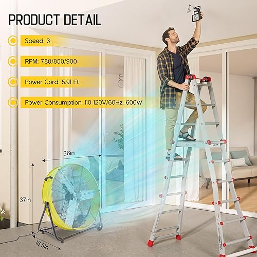 Miniatura 8 de Albott Ventilador de piso industrial de 36 pulgadas, ventilador de tambor de alta velocidad con 3 velocidades, ventilador de taller de metal