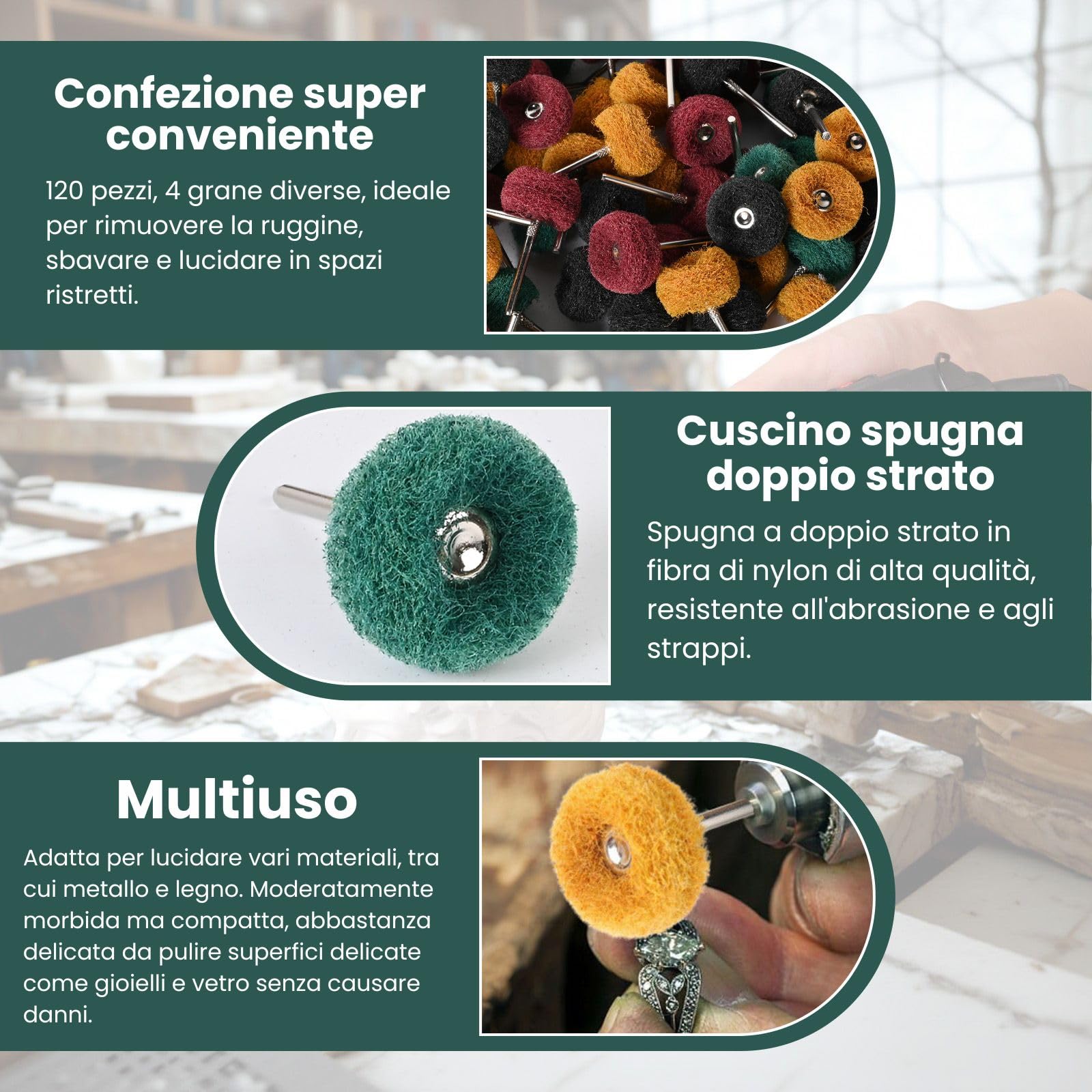 120 Pezzi Disco per Lucidatura Con Mola Da 25mm, Grana 80/150/240/400, Gambo da 3 mm Per Utensili Rotanti Dremel