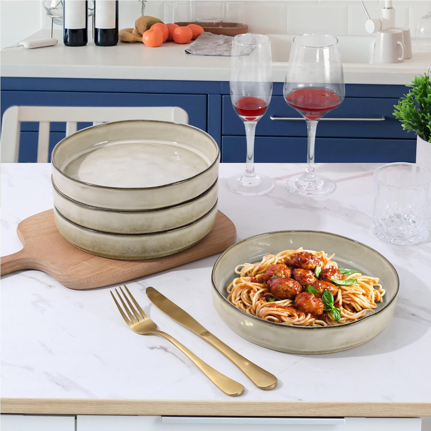 LIANYU 6 Pack Large Gold Serving Spoons Set, 8.25’’ Pasta Bowls Plates Set of 4, 3 Gold Serving Spoons, 3 Gold Slotted Serving Spoons, Stoneware Round Shallow Dinner Bowls for Meal, Dishwasher Safe