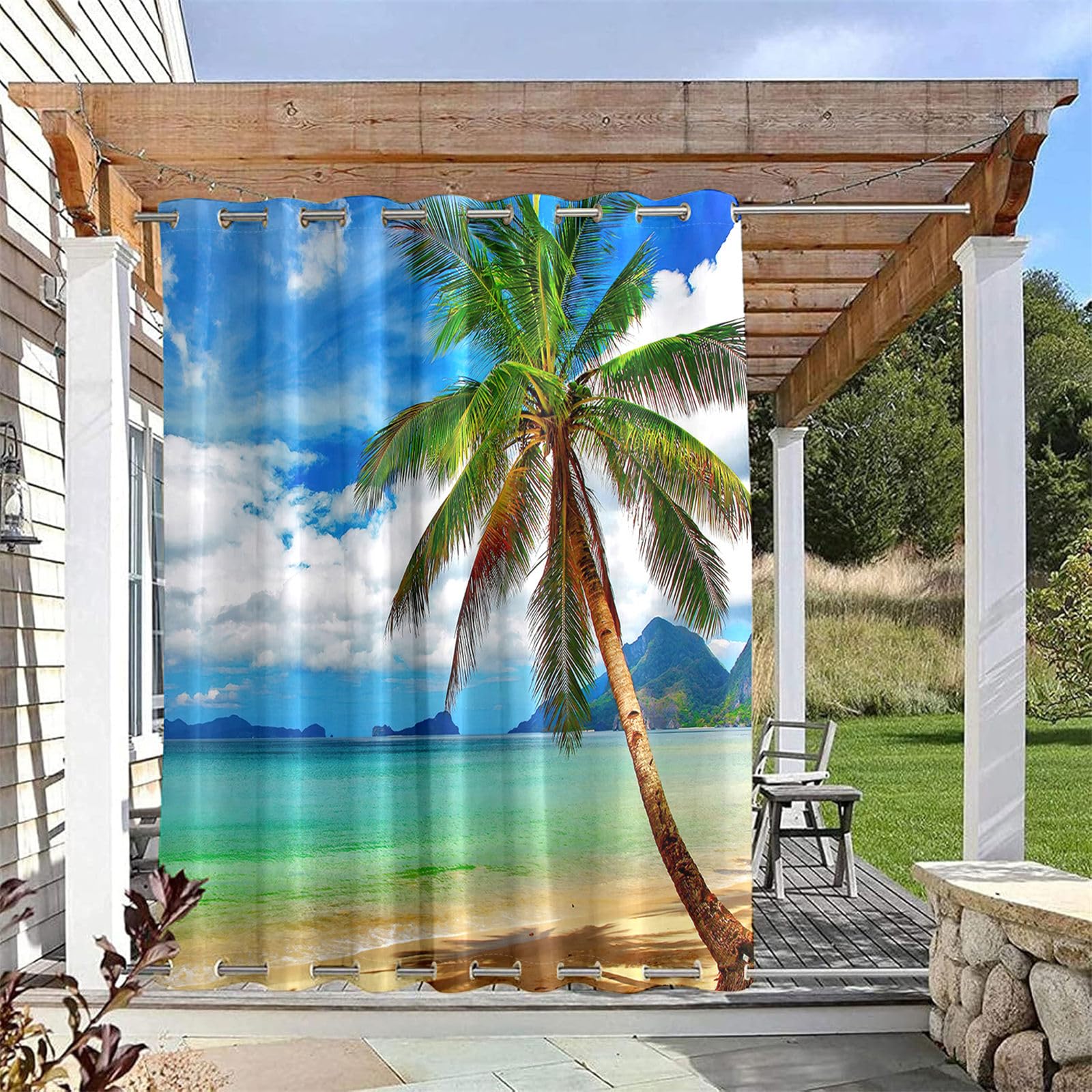 Hiseng Outdoor Vorhänge Wetterfest mit Ösen Oben und Unten, 3D Meerblick Muster wasserdichte Outdoorvorhänge 1 Stück Verdunkelungsvorhang Sichtschutz Vorhang für Garten (Kokosnussbaum,200x200cm)