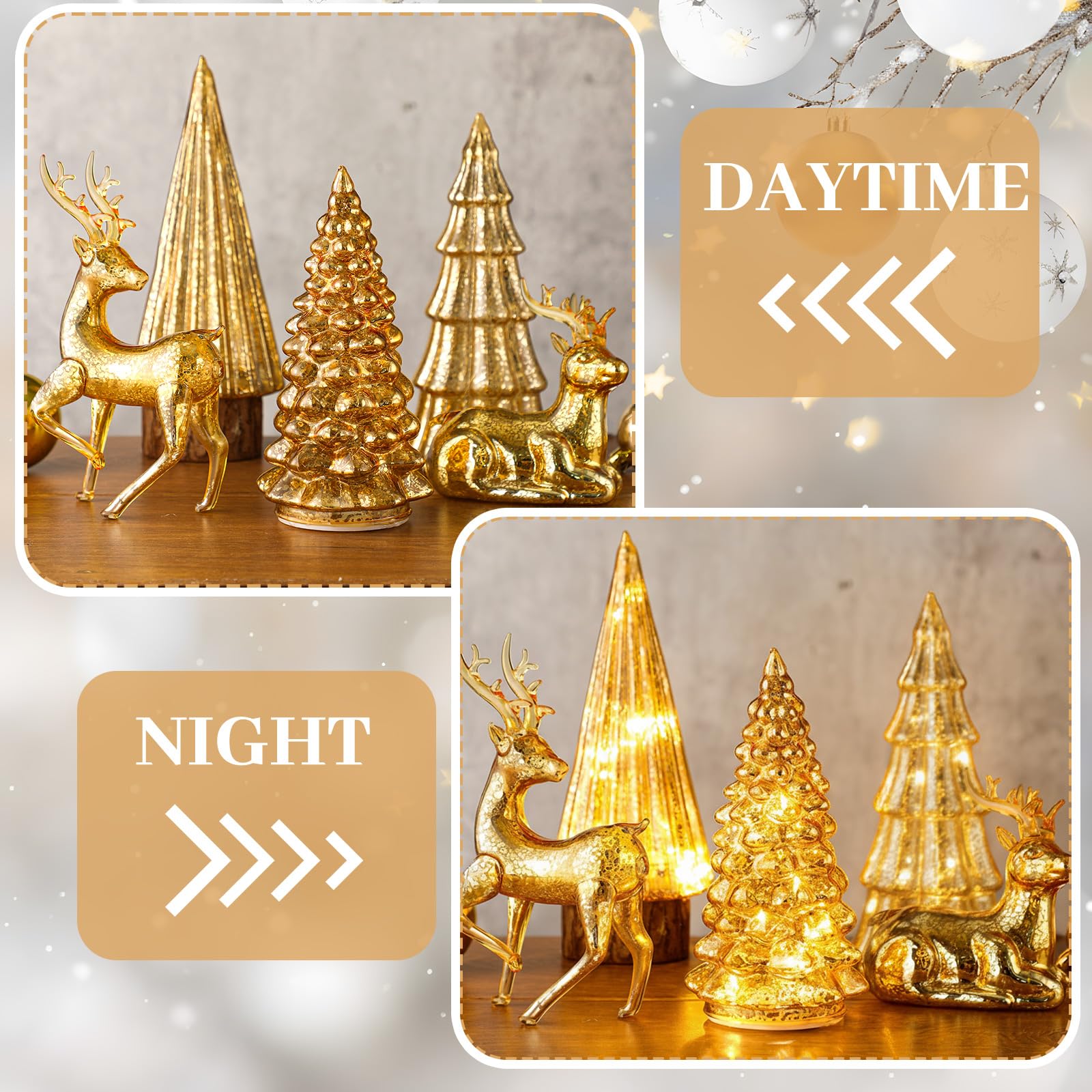 Flutesan Lot de 5 sapins de Noël et rennes éclairés en verre mercure pour table de Noël, centre de table, décoration pour maison, fête de Noël, cheminée