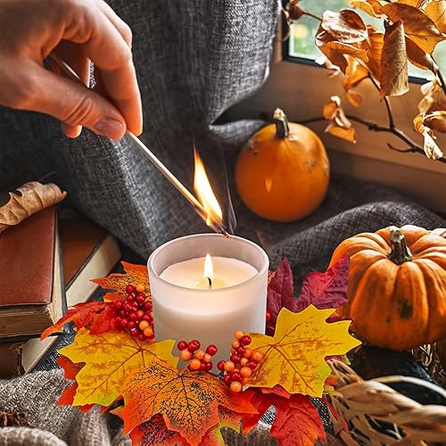 Miniatura 6 de Winlyn 4 aros de vela artificiales de hojas de arce y bayas, portavelas de otoño, pequeños anillos de corona de 11 pulgadas de ancho para casa de