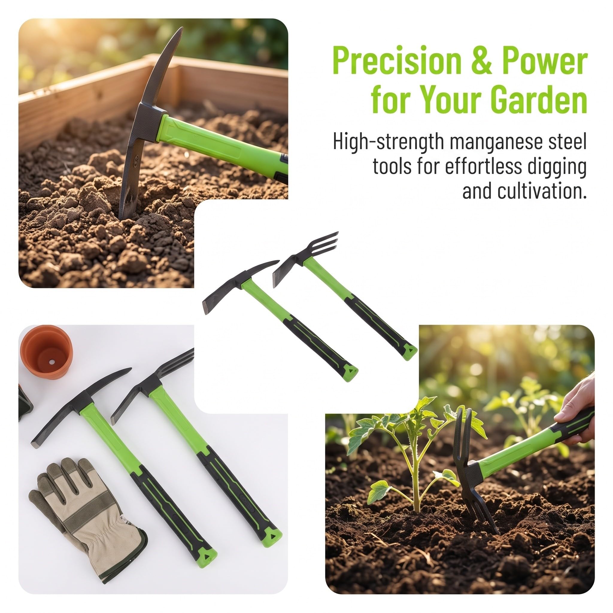 minkissy 1 juego de azada y rastrillo para jardinería, cultivo y | Kit de rastrillo y azada manual de acero al manganeso de alta resistencia, herramientas portátiles para cavar y desherbar en