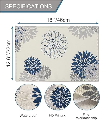 Miniatura 5 de WHOMEAF Dahlia Pinnata - Mantel individual de arpillera azul y gris, beige, moderno, elegante, con pompones, lavable, de temporada, cocina, comedor,