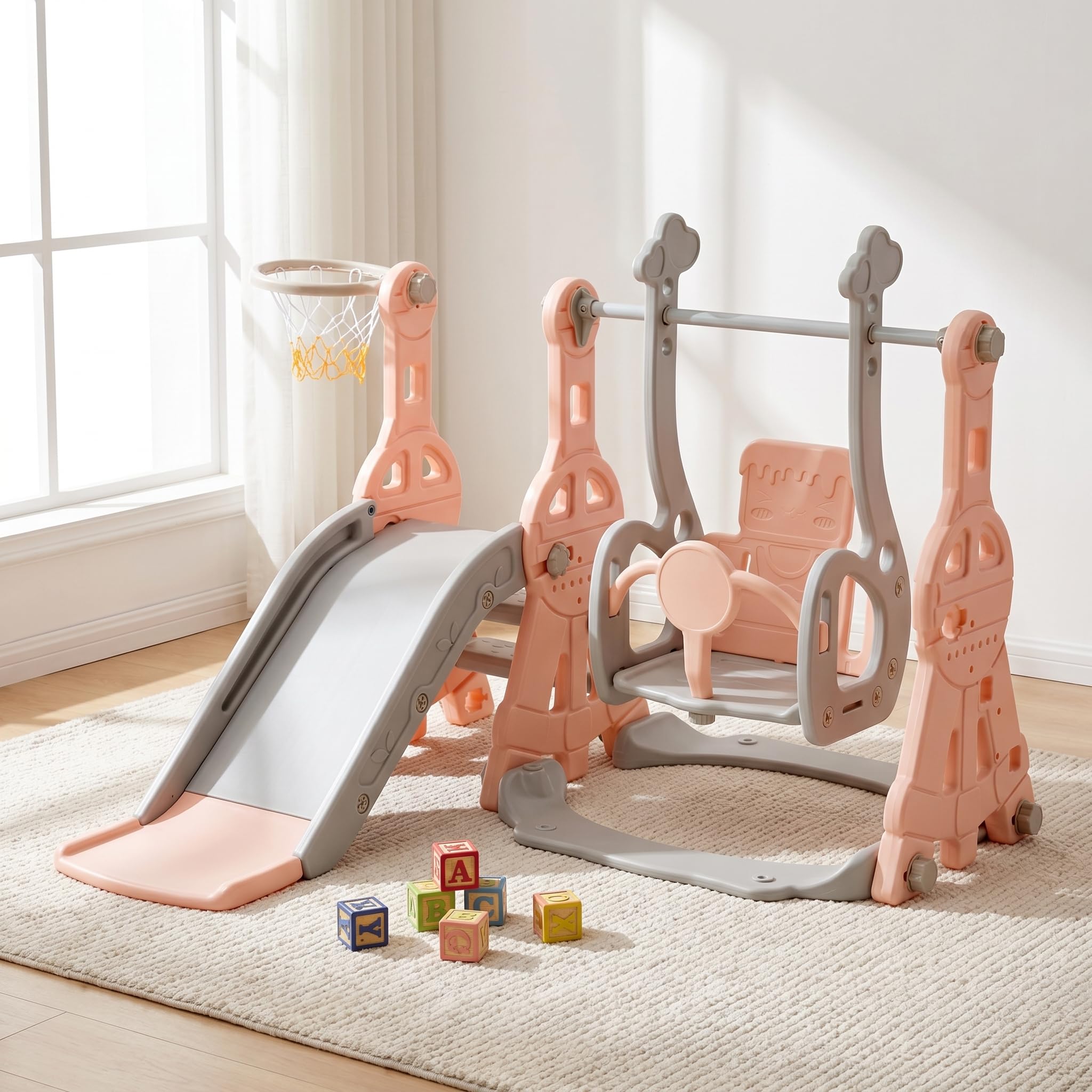 Parco giochi per bambini 4 in 1 con scivolo e altalena, gioco da interno ed esterno con cestino da basket e scala, gioco per bambini in plastica, centro giochi per neonati da giardino (rosa, A)