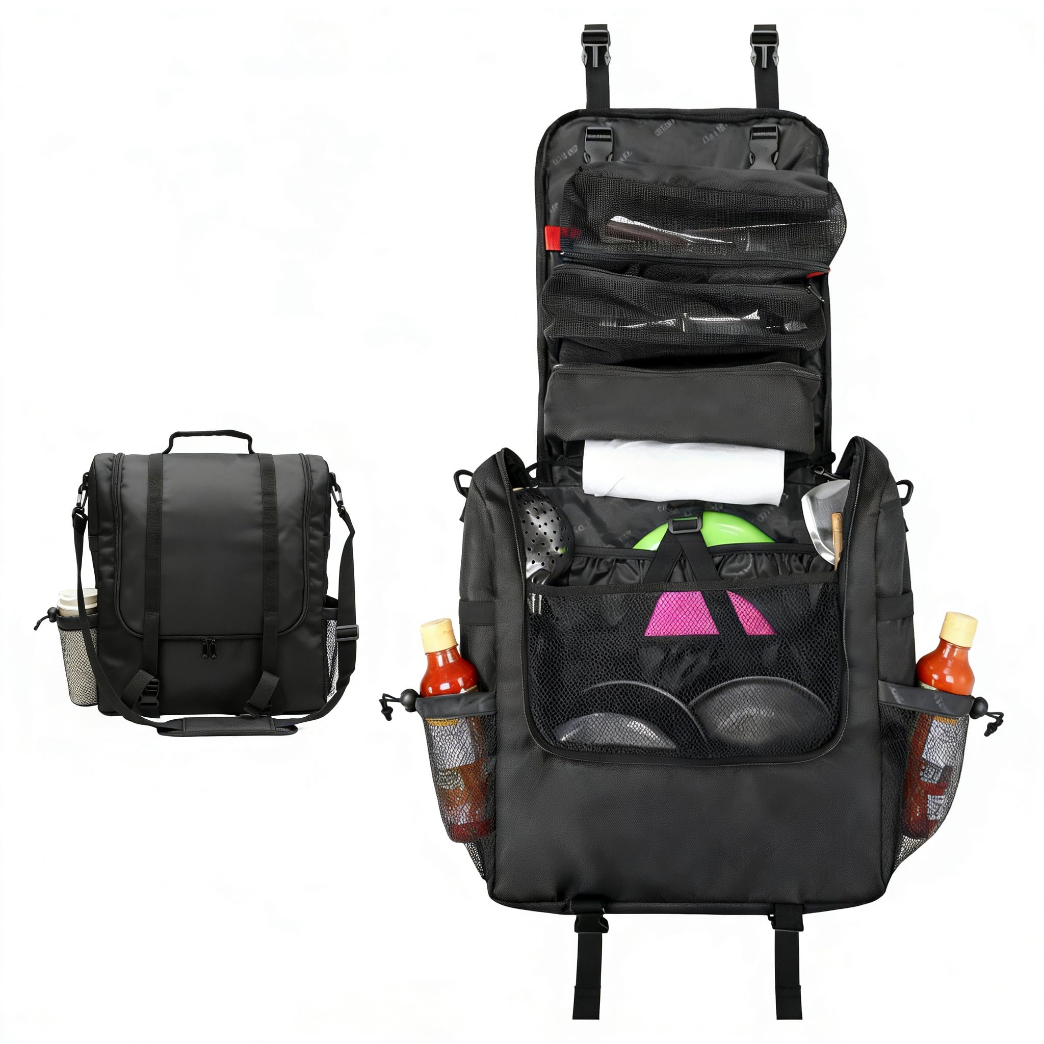 Camping-Küchen-Organizer, tragbare Kochutensilien-Aufbewahrung, hängende Caddy Tasche mit mehreren Taschen für Camping, Kochgeschirr, Grillen, Auto, Reisen, Picknick (nur Tasche), schwarz