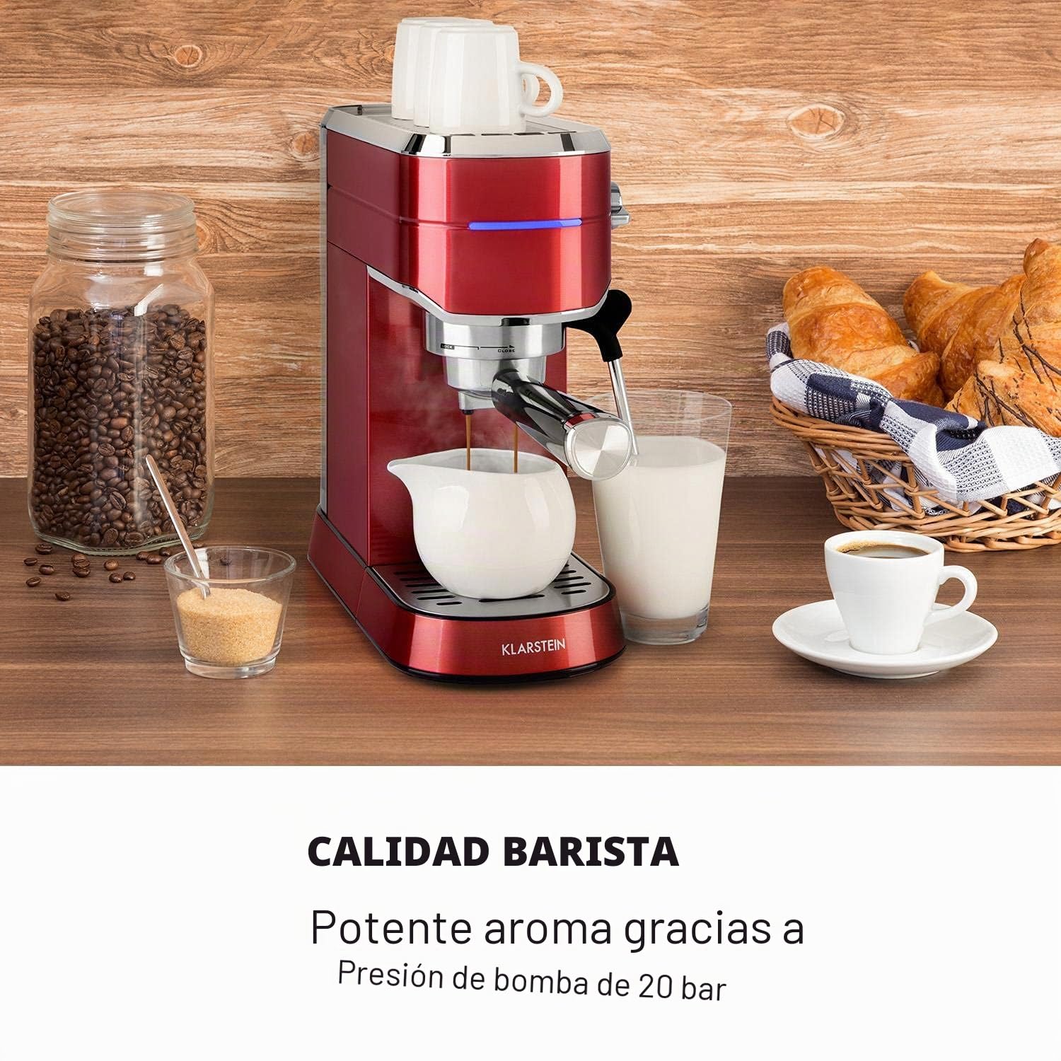 KLARSTEIN Futura - cafetera automática con tamizador de café, cafetera con molinillo incorporado, 1450 W, 20 bares, calidad barista, Thermo-Block, doble salida, espumadera de leche, granate