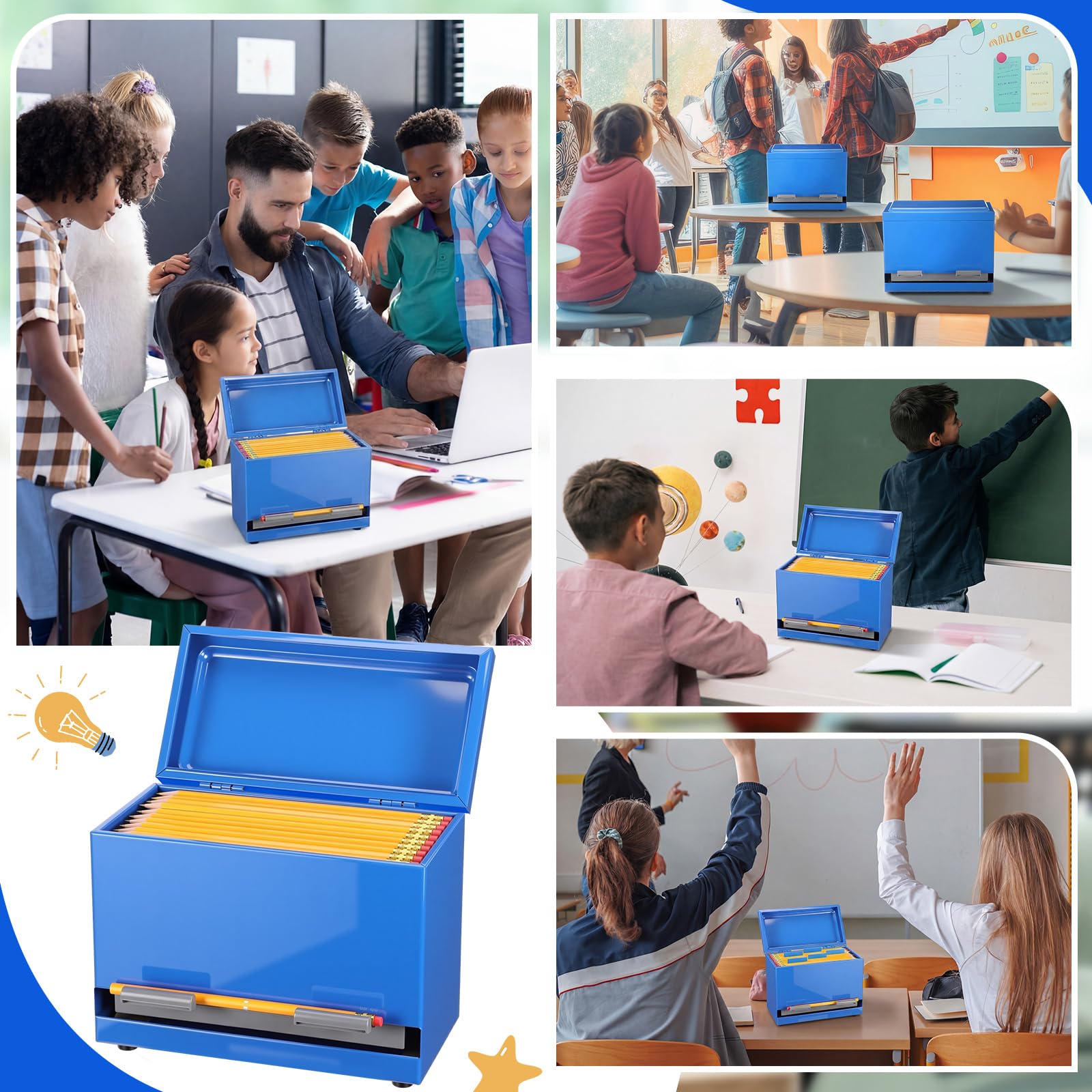 Mifoci Dispenser per matite per aule, in acciaio inox, per fino a 200 matite, riutilizzabile, in metallo, per casa, ufficio, ristorante, insegnanti, forniture per riporre oggetti (blu reale)