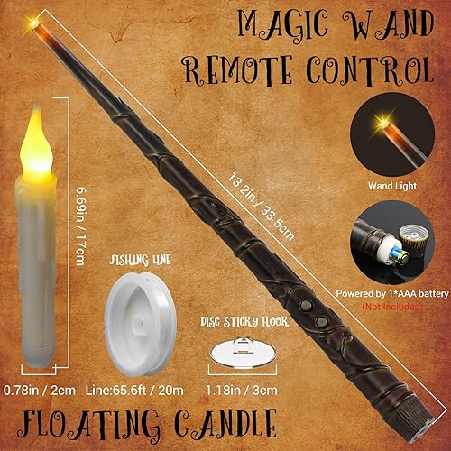 Miniatura 3 de PChero Velas flotantes colgantes con varita remota, Harry Hanging Up Potter Velas cónicas flotantes mágicas parpadeantes sin llama, funciona con
