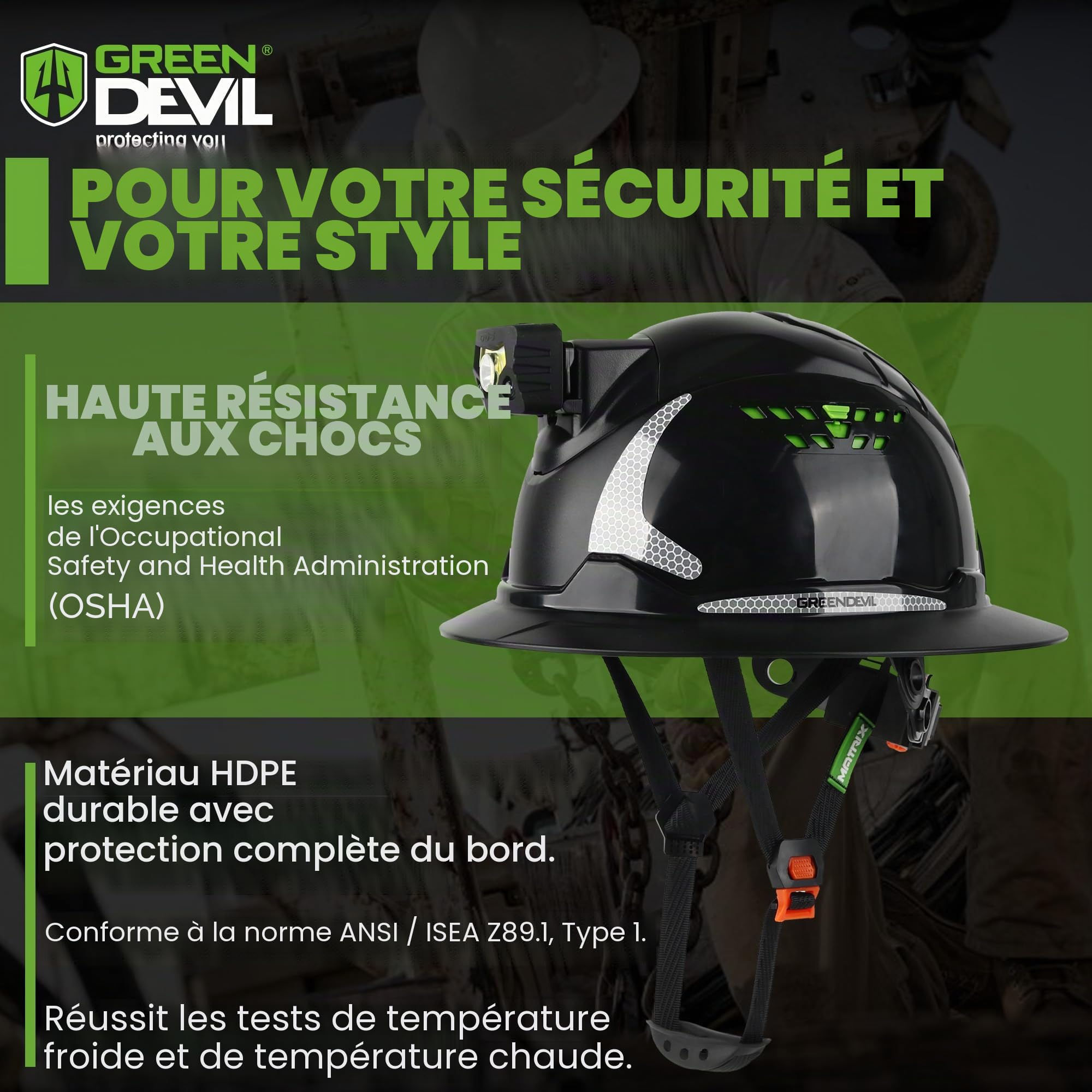 GREEN DEVIL Matrix Casque de sécurité Full Brim EN 397 – Casque de protection avec ventilation, lampe frontale LED (IPX5), système 6 points et doublure intérieure réglable – Idéal pour la