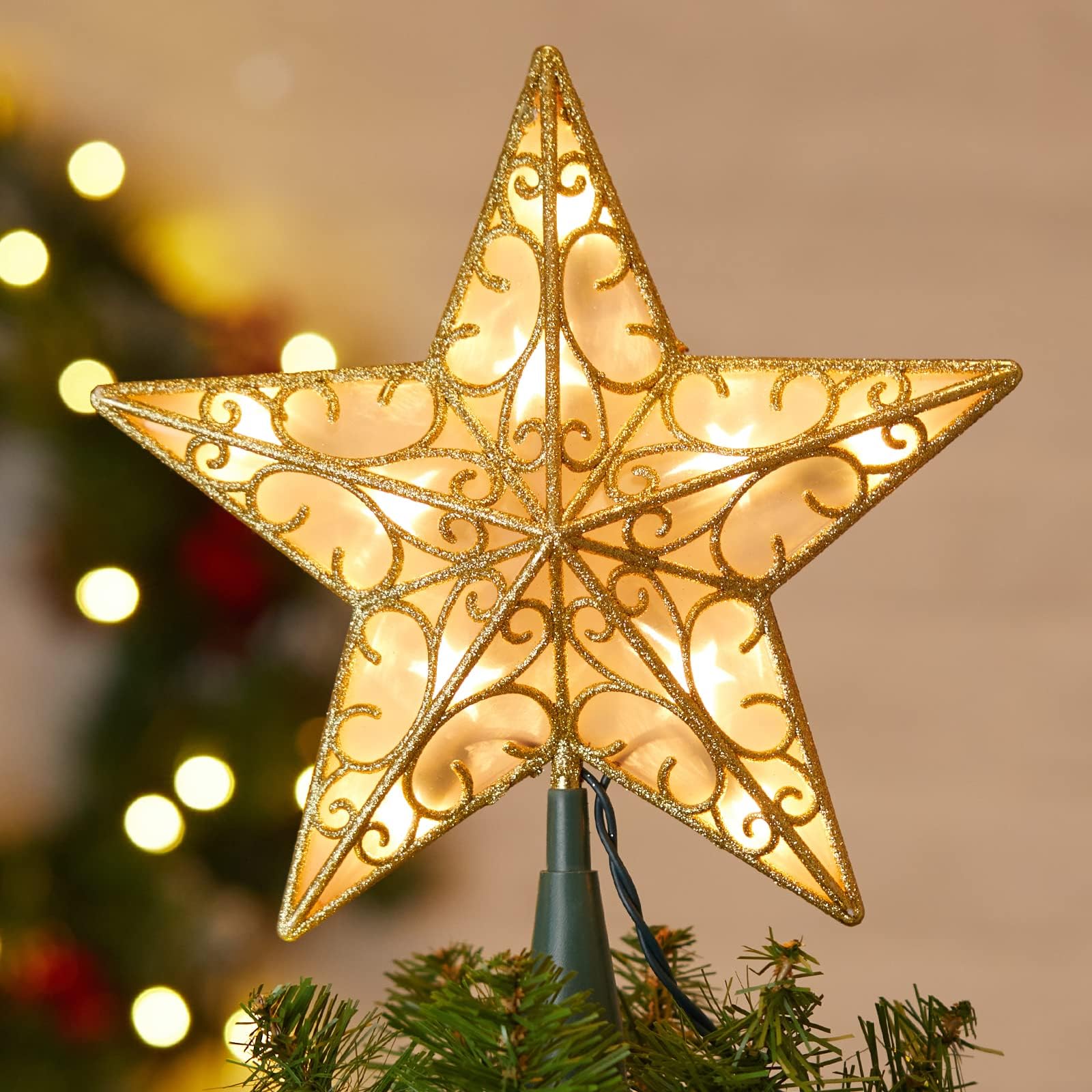 Christmas Star Tree Topper, 9.5 in Plug in Golden Glittered 3D Star Tree Topper, Metal Hollow Designed Built-in 10 Bulbs String Lights for Indoor Office Christmas New Year Holiday Tree Decoration