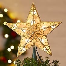 Topper d'arbre d'&eacute;toile de No&euml;l, 9.5 in Plug in Golden Glittered 3 D Star Tree Topper, M&eacute;tal Hollow Con&ccedil;u Int&eacute;gr&eacute; 10 ampoules String Lights pour Bureau int&eacute;rieur No&euml;l Nouvel An Holiday Tree D&eacute;coration