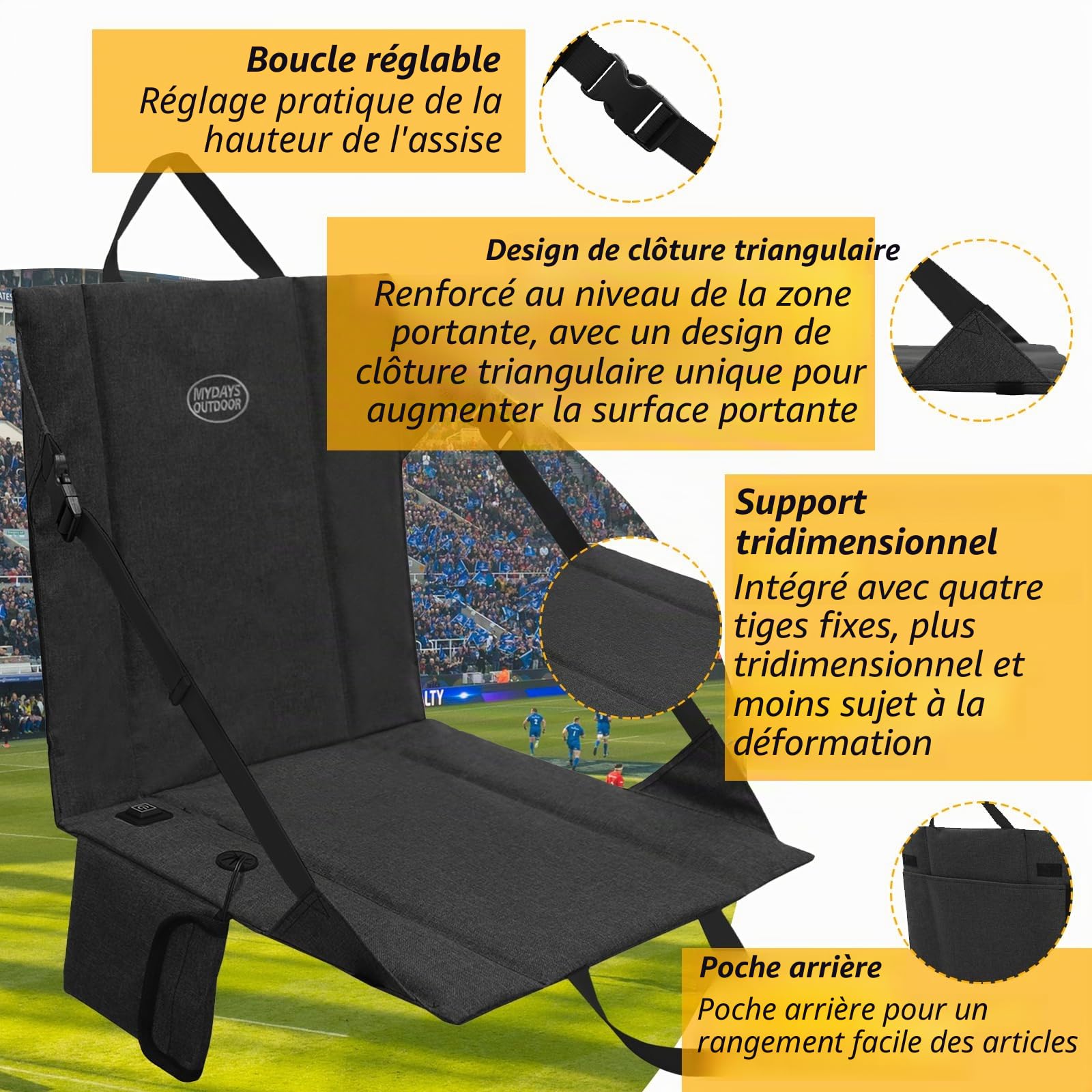 Coussin chauffant pour siège de stade sans fil rechargeable avec batterie USB 149F - Coussin chauffant portable pour le camping en plein air, la pêche - 3 réglages de chaleur (batterie externe non