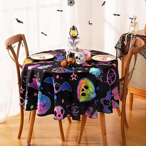 Alishomtll Mantel redondo fluorescente de Halloween de 60 pulgadas, mantel redondo para pedir dulce o truco, mantel impermeable con calabazas,