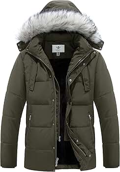 WenVen Men's Windproof Winter Puffer Coat Faux Fur Hooded