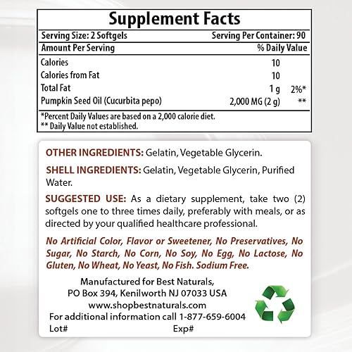 Miniatura 2 de Best Naturals Aceite de semilla de calabaza 1000 mg y vitamina B1 como mononitrato de tiamina 100 mg