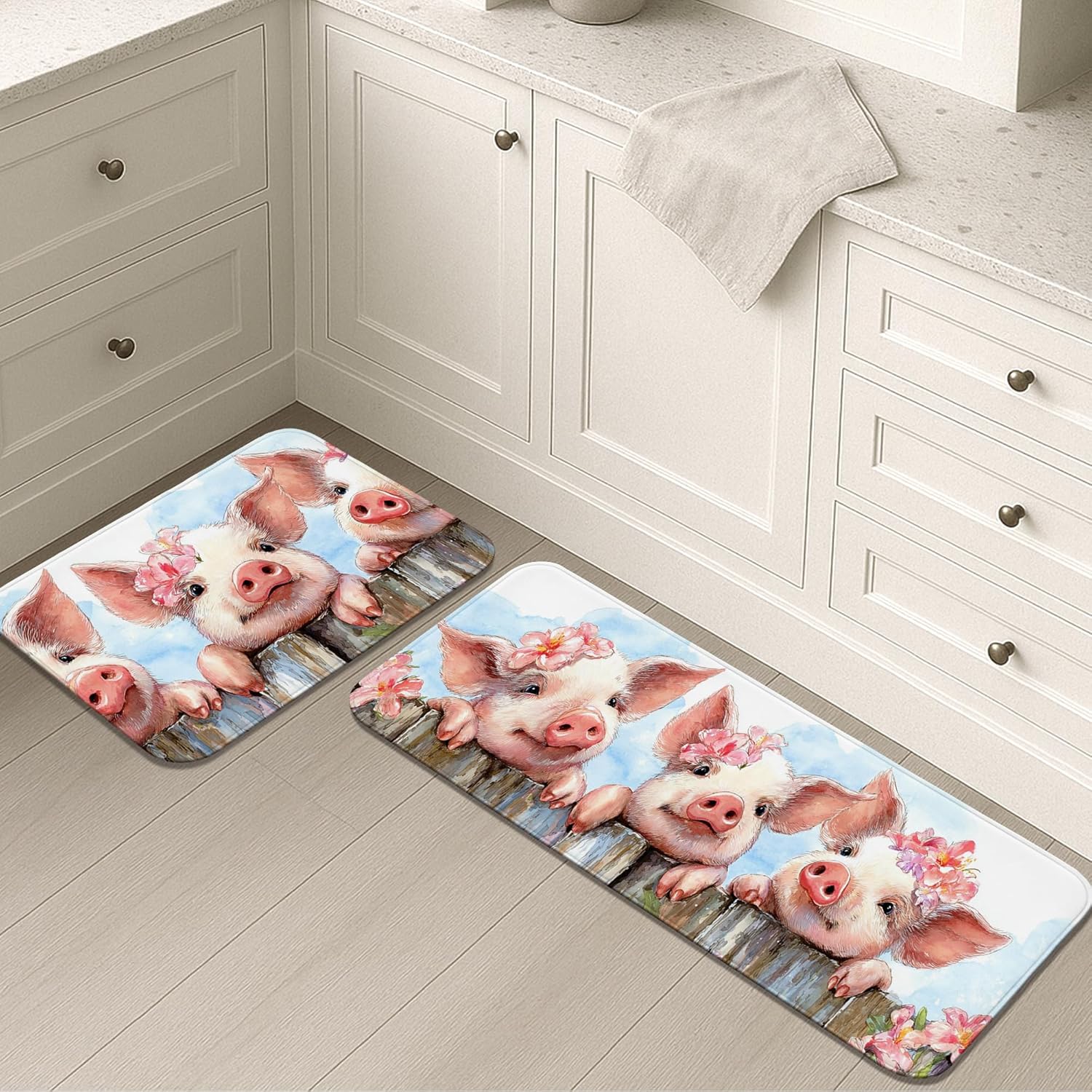 Cute Pig Kitchen Mats for Floor, Floral Farmhouse Design Soft Mats, Cushioned Comfort Washable Non Slip Decor Rugs for Kitchen Sinks Laundryroom Bathroom 2PCS