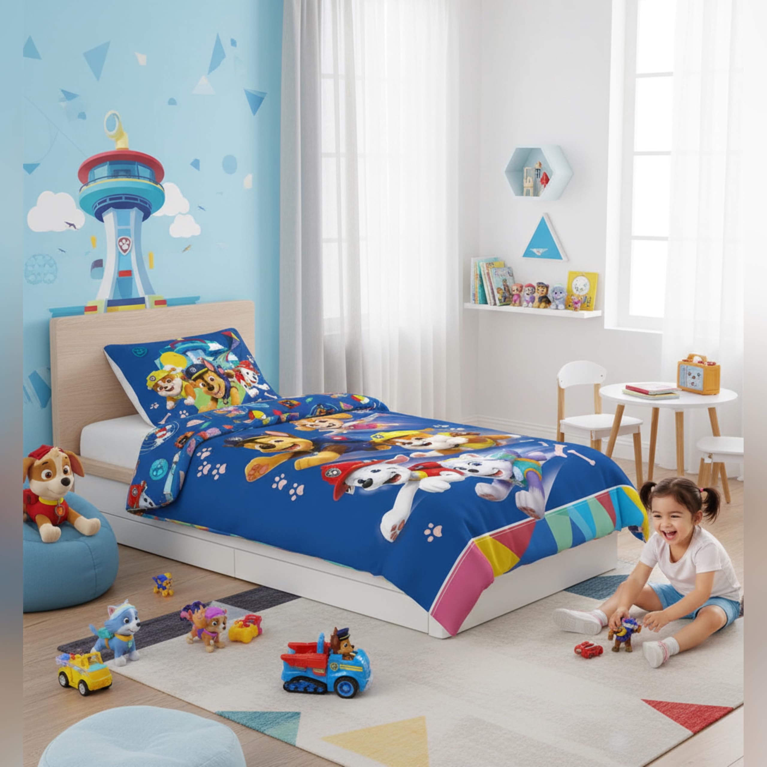 Parure de lit Pat' Patrouille 140 x 200 cm avec taie d'oreiller 60 x 65 cm | 100 % coton | Motif Rescue Team Adventure | Parure de lit douce et respirante pour enfants | Chase, Marshall